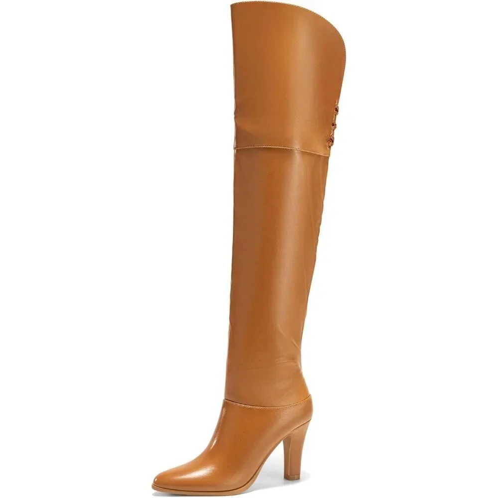 🆕Women Light Brown Thigh High Pointed Toe Chunky Heel Over the Knee Boot